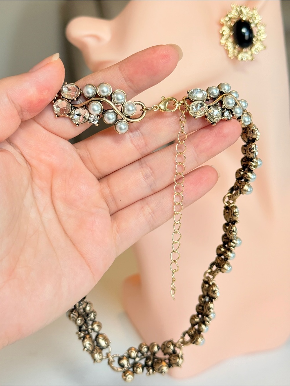 Elegant Gold Pearl and Crystal Statement Necklace - Picture 12 of 12